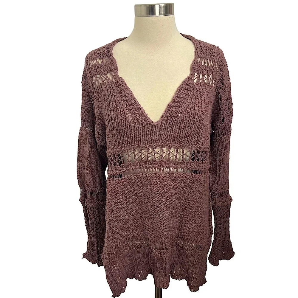 Free People Belong‎ To You Open Knit Sweater In Dark Purple Size Small NWT